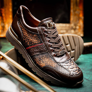 Marco Di Milano Brescia Shoes Washed Cognac Brown Genuine Snake Skin & Italian Calf Men's Sneakers (MDM1124)-AmbrogioShoes