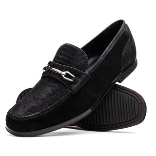 Marco Di Milano Hugo Men's Shoes Black Suede / Ostrich Leg Horsebit Loafers (MDM1066)-AmbrogioShoes