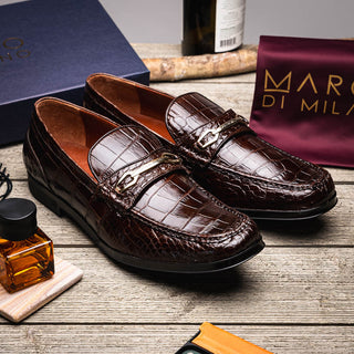 Marco Di Milano Hugo Men's Shoes Brown Stylish Exotic Alligator Horsebit Loafers (MDM1041)-AmbrogioShoes