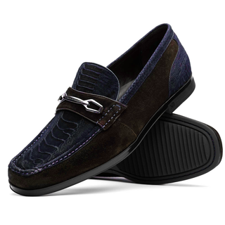 Marco Di Milano Hugo Men's Shoes Navy & Brown Suede / Ostrich Leg Horsebit Loafers (MDM1060)-AmbrogioShoes