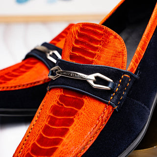 Marco Di Milano Hugo Men's Shoes Orange & Navy Suede / Ostrich Leg Horsebit Loafers (MDM1058)-AmbrogioShoes