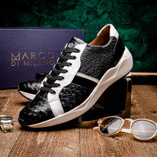 Marco Di Milano Lyon II Men's Shoes Black & White Calf-Skin / Ostrich Leg Casual Sneakers (MDM1070)-AmbrogioShoes