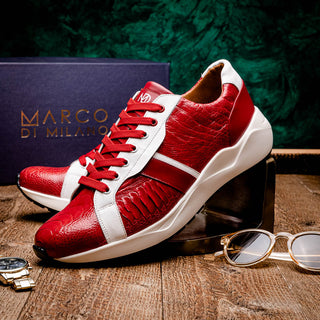 Marco Di Milano Lyon Men's Shoes Red & White Calf-Skin / Ostrich Casual Sneakers (MDM1072)-AmbrogioShoes