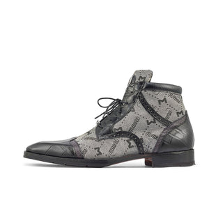 Mauri 3069 Jetset Men's Shoes Black & Gray Exotic Alligator / Ostrich Leg / Mauri Fabric Derby Boots (MA5396)-AmbrogioShoes