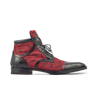 Mauri 3069 Jetset Men's Shoes Black & Ruby Red Exotic Alligator / Ostrich Leg / Mauri Fabric Derby Boots (MA5395)-AmbrogioShoes