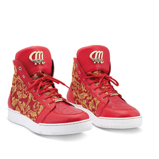 Mauri 8437 Kingpin Men's Shoes Red Exotic Crocodile/ Calf-Skin Leather / Gobelins Fabric Hightop Sneakers (MA5443)-AmbrogioShoes