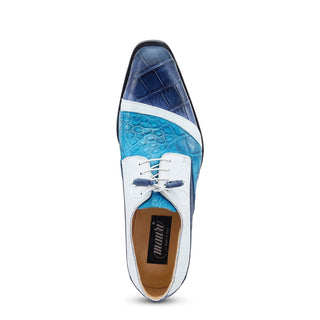 Mauri Swag 3064 Men's Shoes Caribbean Blue, White & Azure Exotic Alligator / Ostrich Leg Derby Oxfords (MA5529)-AmbrogioShoes