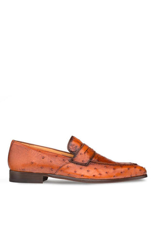 Brandy-colored Mezlan Lisbon penny loafer crafted from genuine ostrich leather with a classic leather sole.