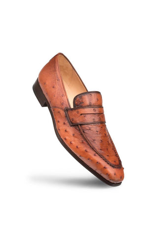 Brandy ostrich leather penny loafer with a polished finish and classic slip-on design, handcrafted in Spain.