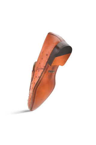 Brandy ostrich skin Mezlan Lisbon penny loafer with a durable full leather sole and handcrafted Spanish design.