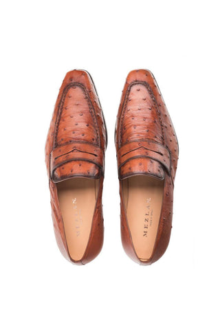 Brandy-colored Mezlan Lisbon ostrich skin penny loafers with a sleek, handcrafted Spanish design.