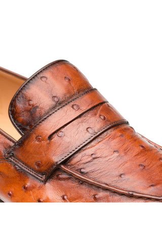 Brandy-colored Mezlan Lisbon penny loafer crafted from genuine ostrich skin with a classic textured finish.