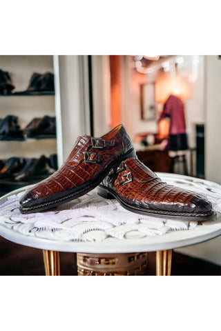 Mezlan 4990-F Sport Brown Crocodile-Skin Double Monk-Straps Loafers (MZ3671)