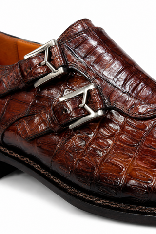 Mezlan 4990-F Sport Brown Exotic Crocodile-Skin Double Monk-Straps Loafers (MZ3671)-AmbrogioShoes