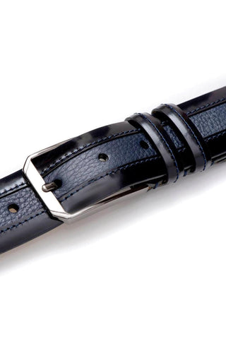 Blue Mezlan leather belt with textured deer-skin, smooth calf-skin accents, and a polished silver buckle.