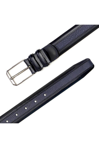 Blue Mezlan leather belt featuring textured deer-skin, smooth calf-skin accents, and a sleek silver buckle.