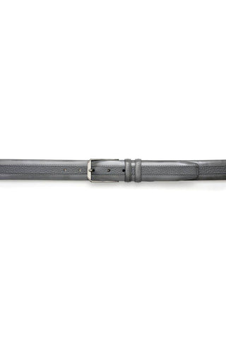 Gray Mezlan calf and deer-skin leather belt featuring a sleek glossy silver buckle, handmade in Spain.
