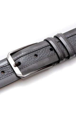 Gray Mezlan leather belt featuring textured deer-skin, smooth calf-skin accents, and a polished silver buckle.