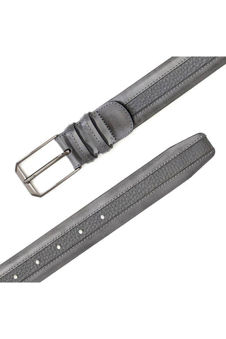 Gray Mezlan leather belt featuring textured deer-skin and calf-skin with a sleek silver buckle, handmade in Spain.