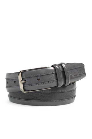 Gray Mezlan leather belt featuring textured deer-skin, smooth calf-skin, and a sleek glossy silver buckle.