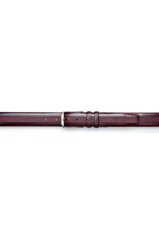 Burgundy Mezlan calf and deer-skin leather belt with a polished silver buckle and textured finish.