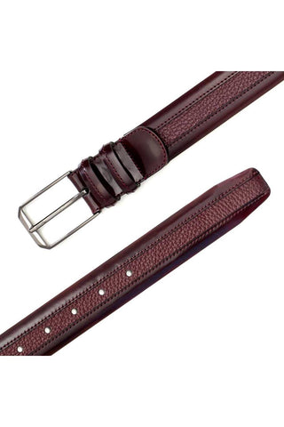 Burgundy Mezlan leather belt featuring textured deer-skin, smooth calf-skin trim, and a sleek silver buckle.