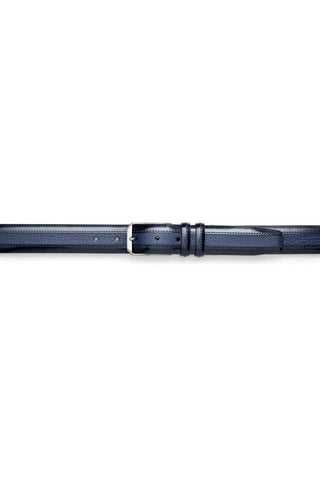 Blue Mezlan calf and deer-skin leather belt featuring a polished silver buckle and refined stitched detailing.