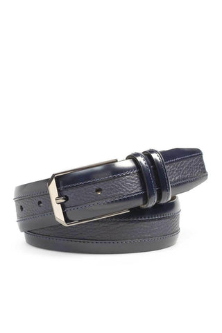 Blue Mezlan leather belt featuring textured deer-skin, smooth calf-skin accents, and a polished silver buckle.