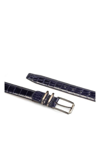 Blue Mezlan crocodile skin belt with a sleek satin nickel buckle, handmade in Spain.