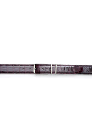 Burgundy genuine crocodile skin belt with a sleek satin nickel buckle, handmade in Spain.