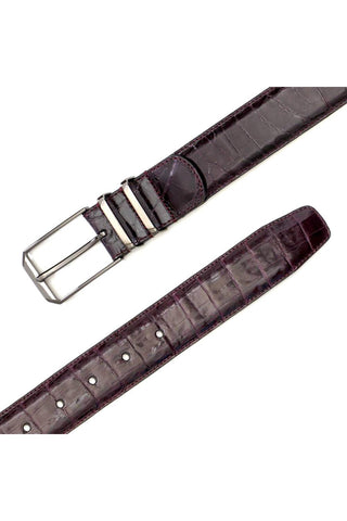 Burgundy crocodile skin belt with a satin nickel buckle, handmade in Spain for a refined, formal look.