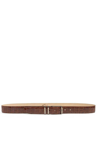 Brown Mezlan crocodile skin belt with a satin nickel buckle and soft nubuck leather backing.