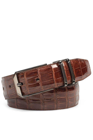Brown Mezlan crocodile skin belt with a sleek satin nickel buckle, handmade in Spain for a refined formal look.