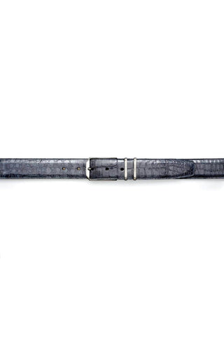Gray Mezlan crocodile skin belt with a sleek satin nickel buckle, handmade in Spain.