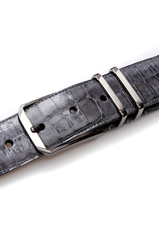 Gray Mezlan crocodile skin belt with a sleek satin nickel buckle, handmade in Spain for a refined, formal look.
