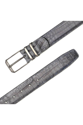 Gray Mezlan crocodile skin belt with a satin nickel buckle, handmade in Spain with a nubuck leather backing.