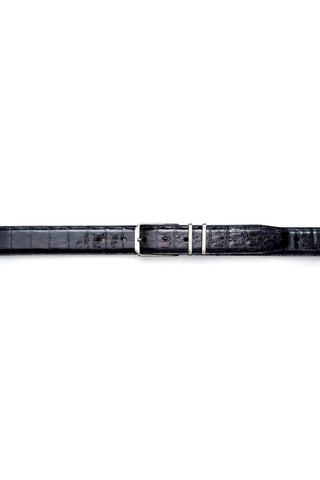 Black Mezlan crocodile skin belt with a sleek satin nickel buckle, handmade in Spain for a refined formal look.