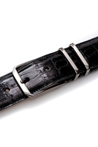 Black Mezlan crocodile skin belt with a sleek satin nickel buckle.