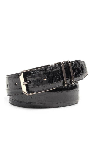 Black Mezlan crocodile skin belt with a sleek satin nickel buckle, handmade in Spain for a refined formal look.