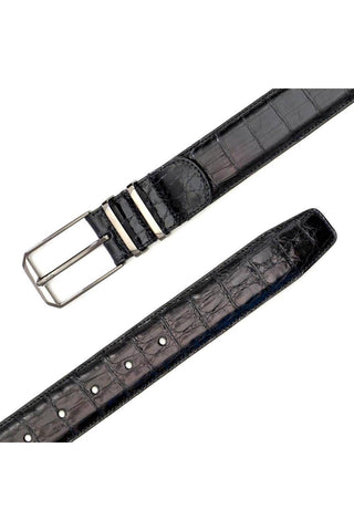 Black Mezlan crocodile skin belt with a satin nickel buckle and nubuck leather backing, handmade in Spain.