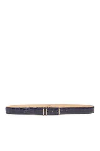 Blue Mezlan crocodile skin belt with a satin nickel buckle and soft nubuck leather backing.