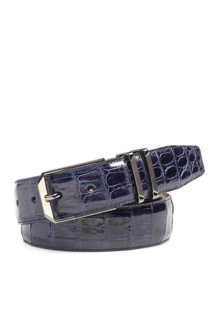 Blue Mezlan crocodile skin belt with a sleek satin nickel buckle, handmade in Spain for a refined, formal look.
