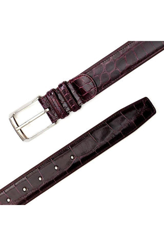 Burgundy alligator skin belt with a polished silver buckle and full-grain leather backing.
