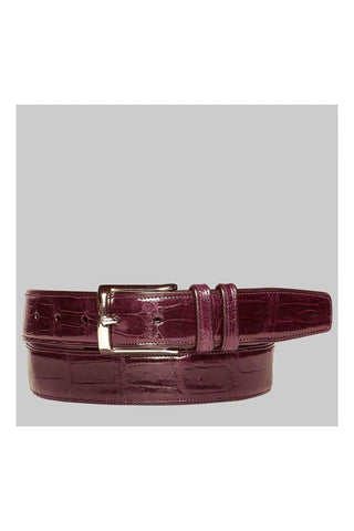 Burgundy Mezlan alligator skin belt with a polished silver buckle, handcrafted in Spain for a luxury formal look.