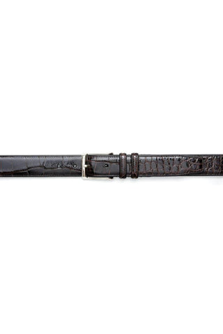 Brown Mezlan alligator skin belt with a polished silver buckle and full-grain leather backing.