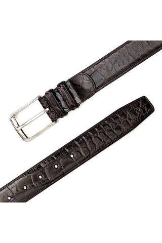 Mezlan brown alligator skin belt with a polished silver buckle, handcrafted in Spain for a refined, luxury look.