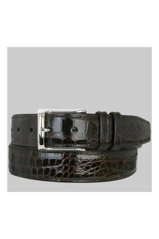 Mezlan brown alligator skin belt with a polished silver buckle, handcrafted in Spain for a refined, formal look.
