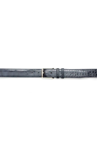 Black Mezlan alligator skin belt with a polished silver buckle, handcrafted in Spain for a refined, formal look.