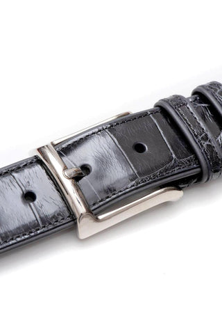 Black Mezlan alligator skin belt with a polished silver buckle and premium leather backing.