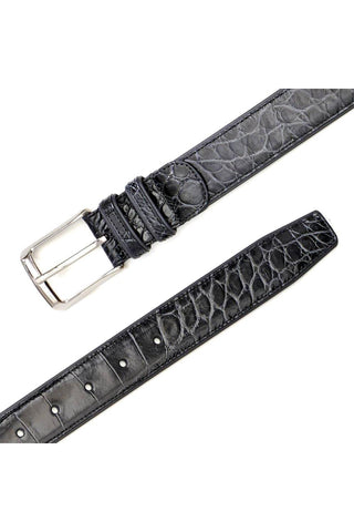 Gray Mezlan alligator skin belt with a polished silver buckle and full-grain leather backing.